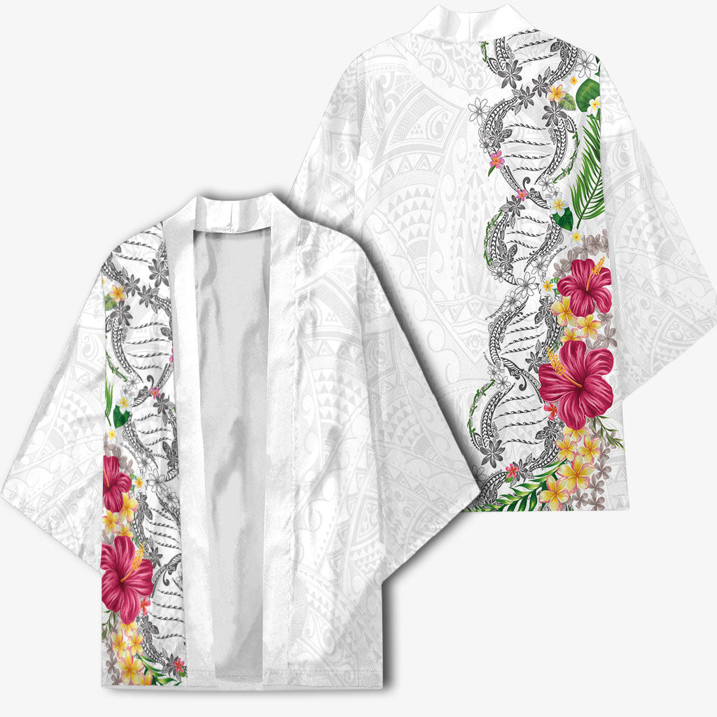 Hawaii DNA Kakau Tattoo Kimono with Plumeria and Hibiscus Tropical Plants White Color LT03 - Polynesian Pride