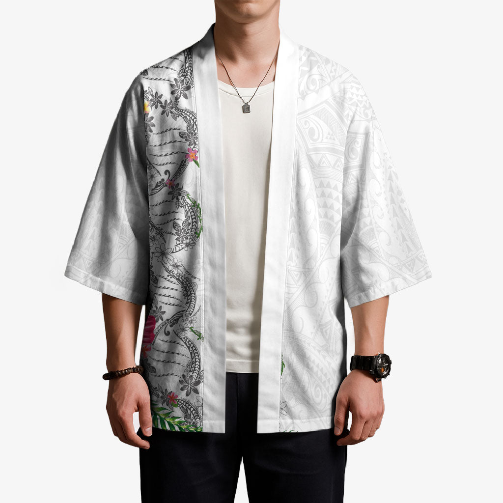 Hawaii DNA Kakau Tattoo Kimono with Plumeria and Hibiscus Tropical Plants White Color LT03 - Polynesian Pride