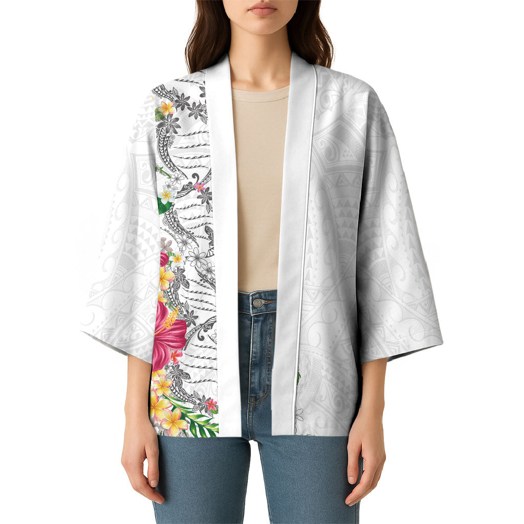 Hawaii DNA Kakau Tattoo Kimono with Plumeria and Hibiscus Tropical Plants White Color LT03 - Polynesian Pride