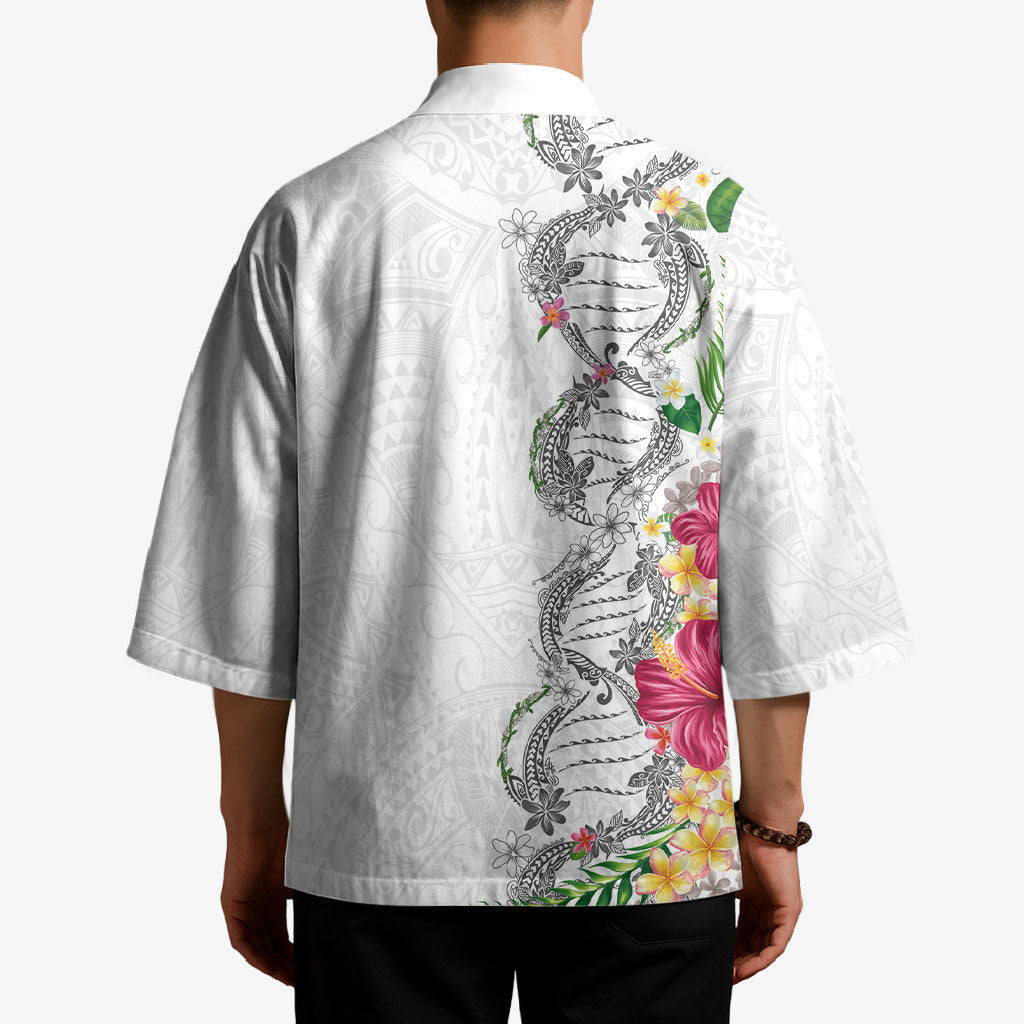 Hawaii DNA Kakau Tattoo Kimono with Plumeria and Hibiscus Tropical Plants White Color LT03 - Polynesian Pride