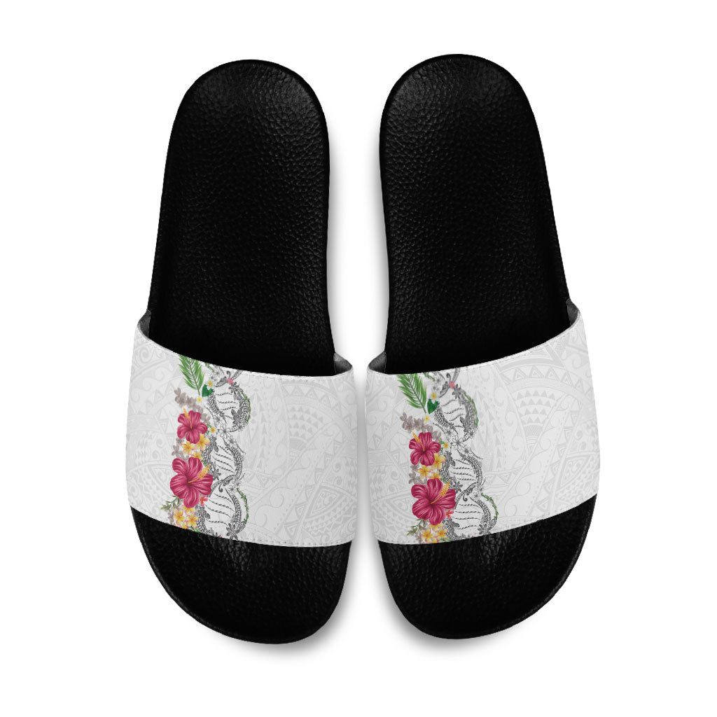 Hawaii DNA Kakau Tattoo Slide Sandals with Plumeria and Hibiscus Tropical Plants White Color LT03 White - Polynesian Pride