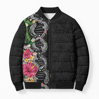 Hawaii DNA Kakau Tattoo Bomber Puffer Jacket with Plumeria and Hibiscus Tropical Plants Black Color LT03 Unisex Black - Polynesian Pride