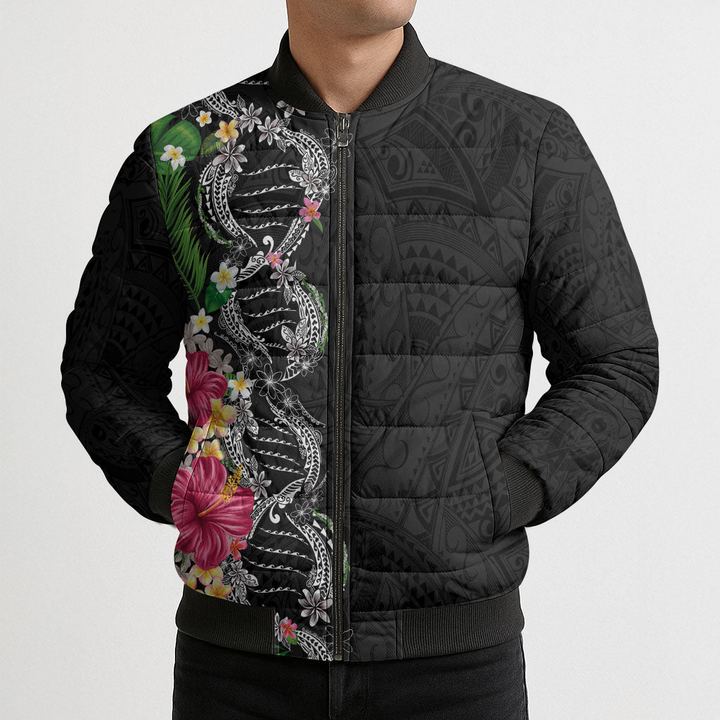 Hawaii DNA Kakau Tattoo Bomber Puffer Jacket with Plumeria and Hibiscus Tropical Plants Black Color LT03 - Polynesian Pride