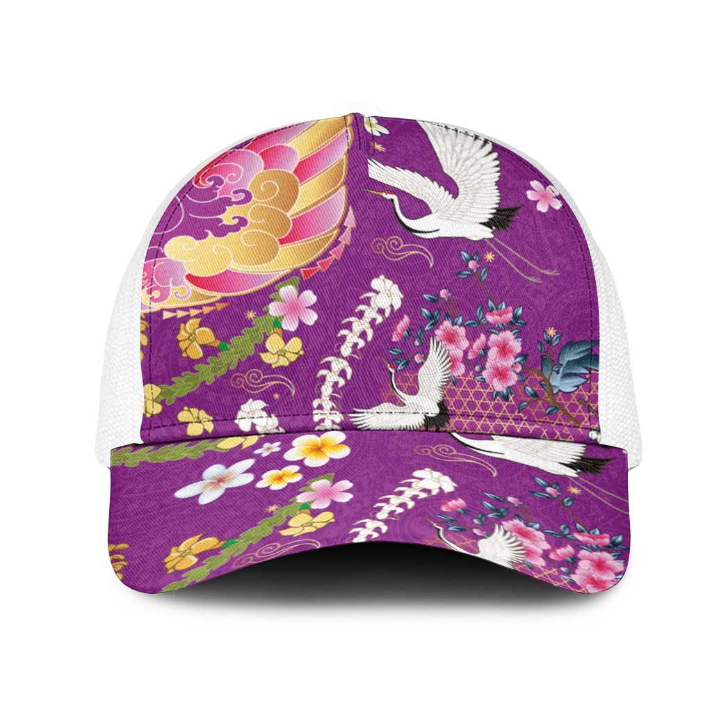 Hawaiian and Japanese Culture Together Mesh Trucker Cap Kakau Tribal Pattern and Irezumi Art Purple Color LT03 One Size White Purple - Polynesian Pride