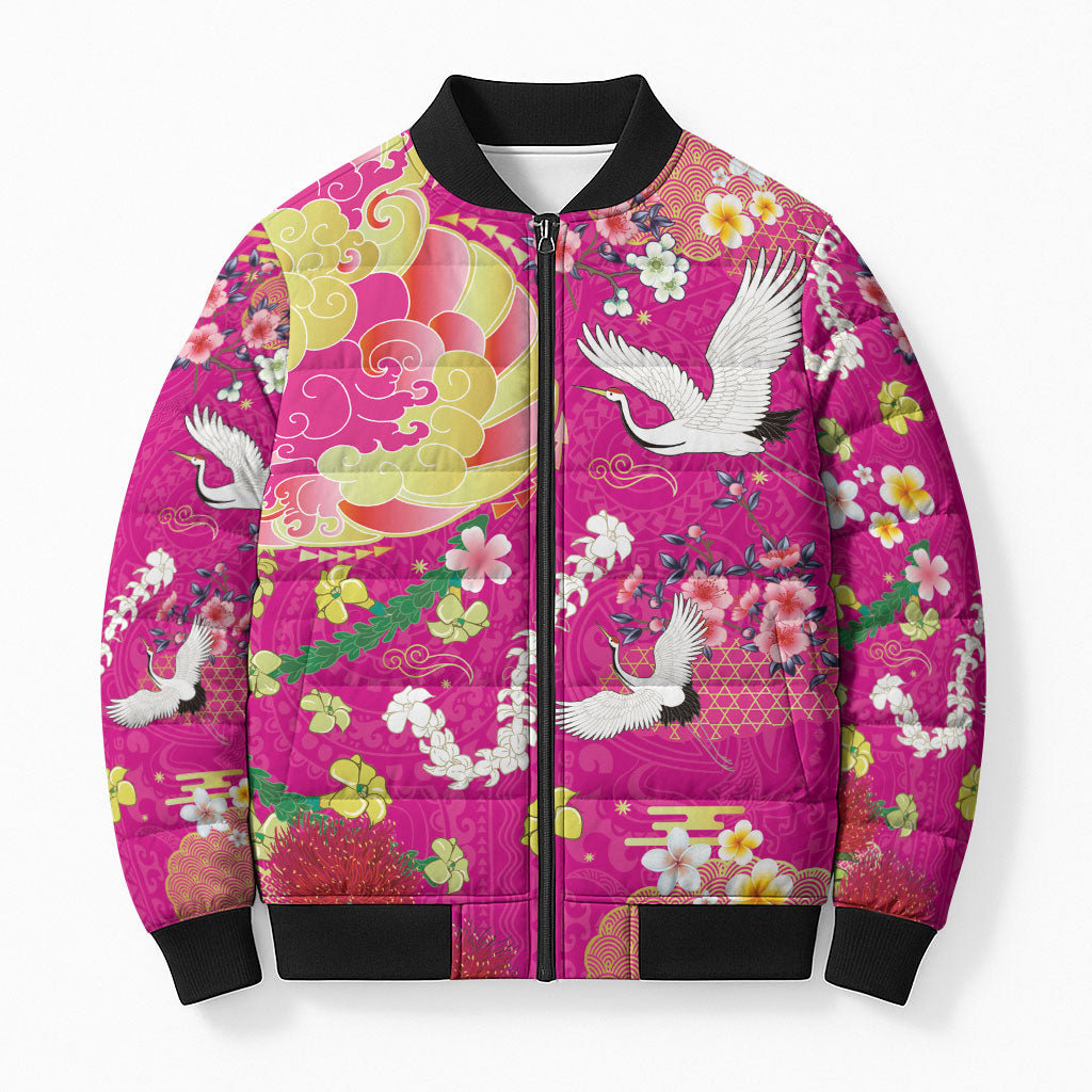 Hawaiian and Japanese Culture Together Bomber Puffer Jacket Kakau Tribal Pattern and Irezumi Art Pink Color LT03 Unisex Pink - Polynesian Pride