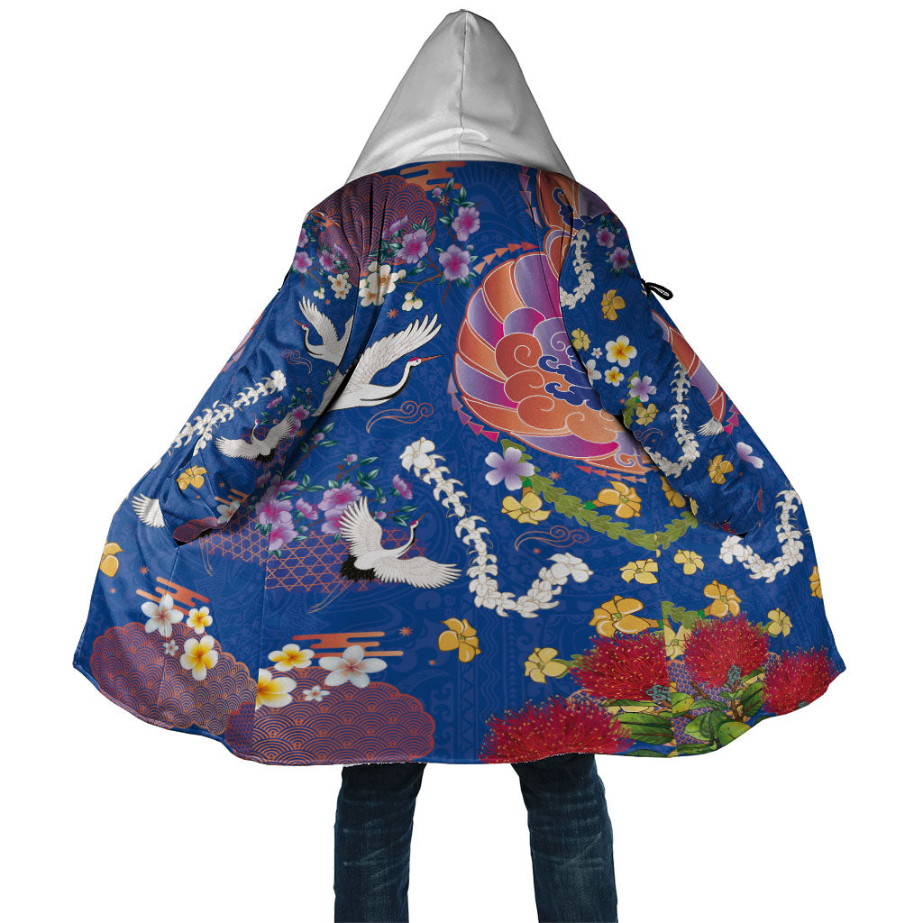 Hawaiian and Japanese Culture Together Cloak Kakau Tribal Pattern and Irezumi Art Blue Color LT03 Unisex Blue - Polynesian Pride