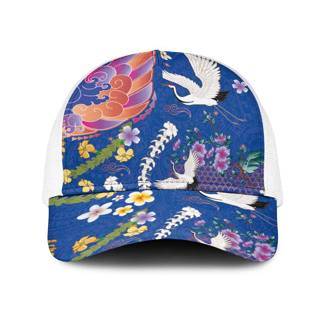Hawaiian and Japanese Culture Together Mesh Trucker Cap Kakau Tribal Pattern and Irezumi Art Blue Color LT03 One Size White Blue - Polynesian Pride