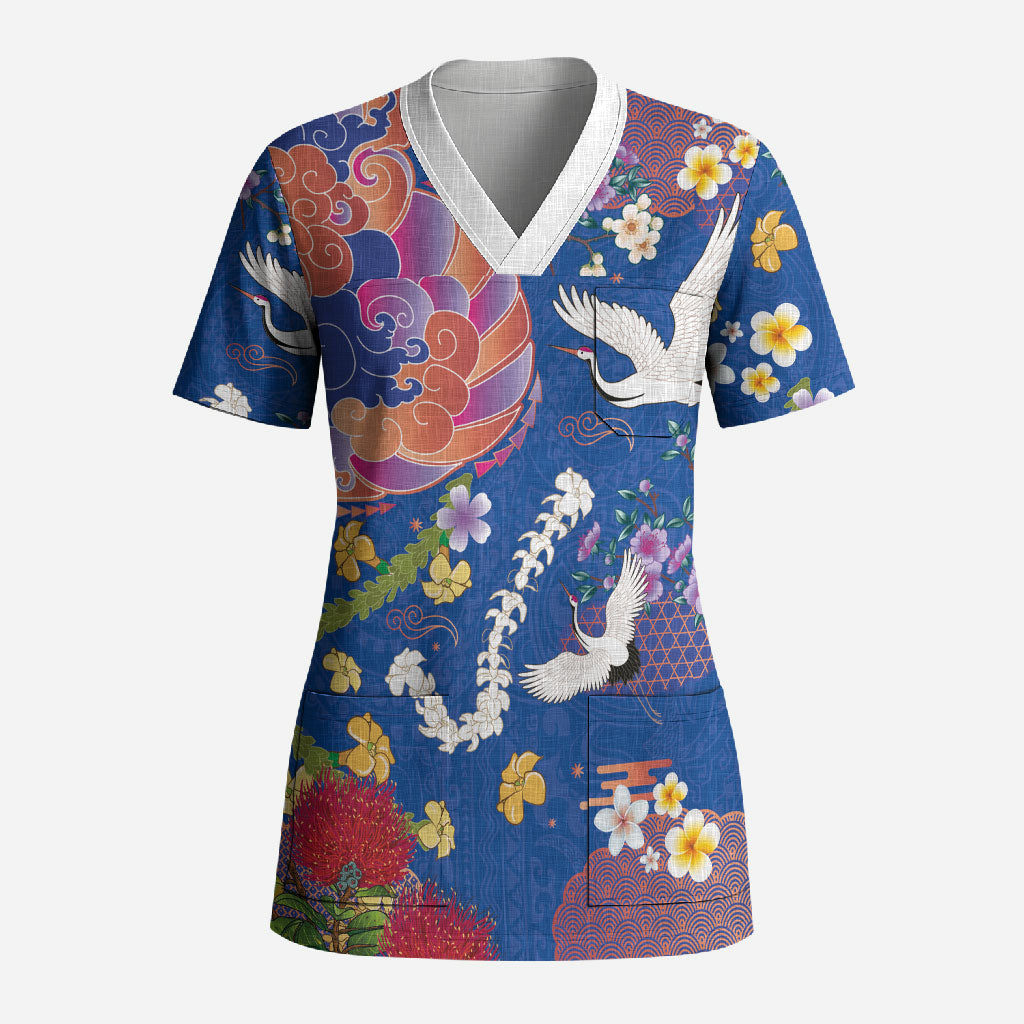 Hawaiian and Japanese Culture Together Scrub Top Kakau Tribal Pattern and Irezumi Art Blue Color LT03 Adult Blue - Polynesian Pride