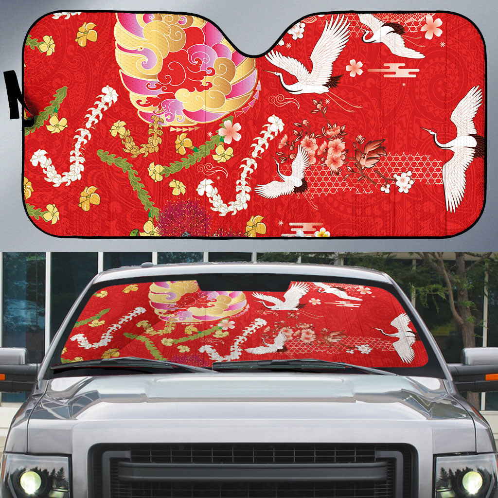 Hawaiian and Japanese Culture Together Auto Sun Shade Kakau Tribal Pattern and Irezumi Art Red Color LT03 Red - Polynesian Pride