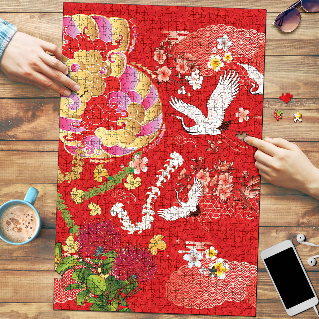 Hawaiian and Japanese Culture Together Puzzle Kakau Tribal Pattern and Irezumi Art Red Color LT03 Red - Polynesian Pride