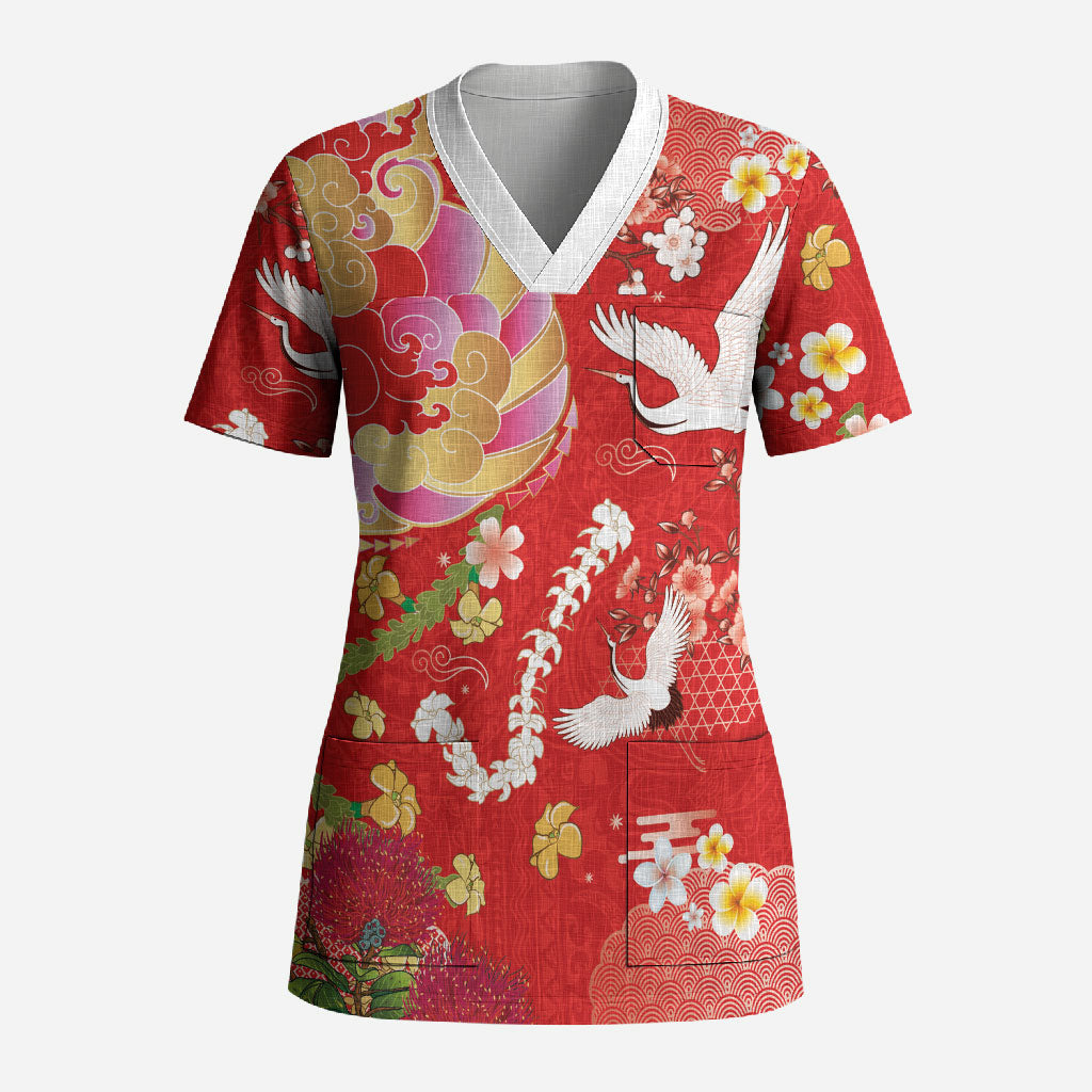 Hawaiian and Japanese Culture Together Scrub Top Kakau Tribal Pattern and Irezumi Art Red Color LT03 Adult Red - Polynesian Pride