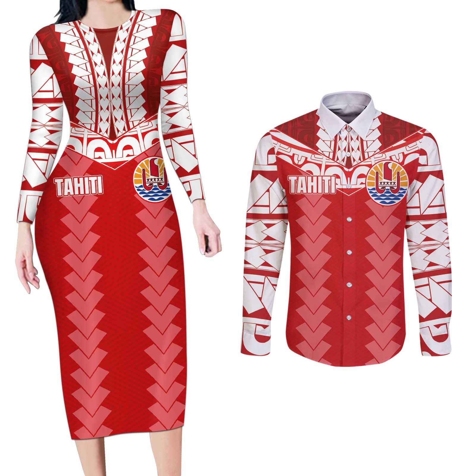 Custom Tahiti Football Polynesian Pattern Couples Matching Long Sleeve Bodycon Dress and Long Sleeve Button Shirt