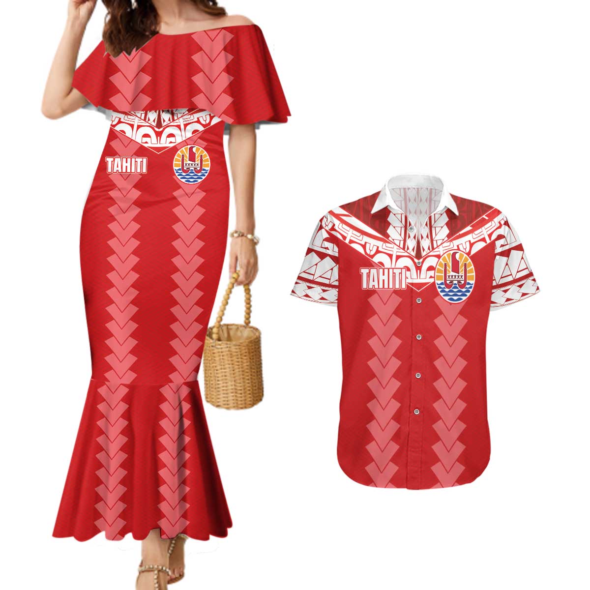 Custom Tahiti Football Polynesian Pattern Couples Matching Mermaid Dress and Hawaiian Shirt