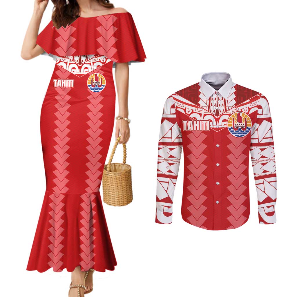 Custom Tahiti Football Polynesian Pattern Couples Matching Mermaid Dress and Long Sleeve Button Shirt