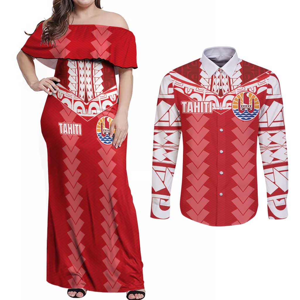 Custom Tahiti Football Polynesian Pattern Couples Matching Off Shoulder Maxi Dress and Long Sleeve Button Shirt