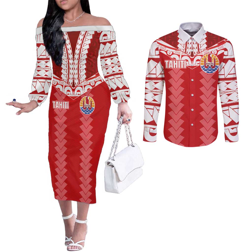 Custom Tahiti Football Polynesian Pattern Couples Matching Off The Shoulder Long Sleeve Dress and Long Sleeve Button Shirt