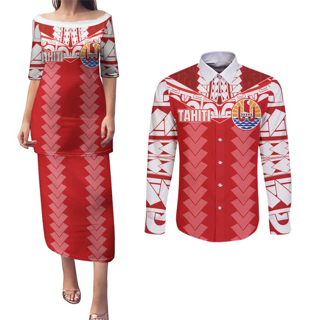 Custom Tahiti Football Polynesian Pattern Couples Matching Puletasi and Long Sleeve Button Shirt