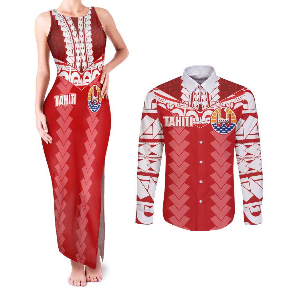 Custom Tahiti Football Polynesian Pattern Couples Matching Tank Maxi Dress and Long Sleeve Button Shirt