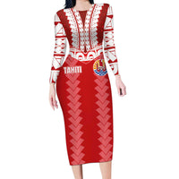 Custom Tahiti Football Polynesian Pattern Long Sleeve Bodycon Dress LT03 Long Dress Red - Polynesian Pride