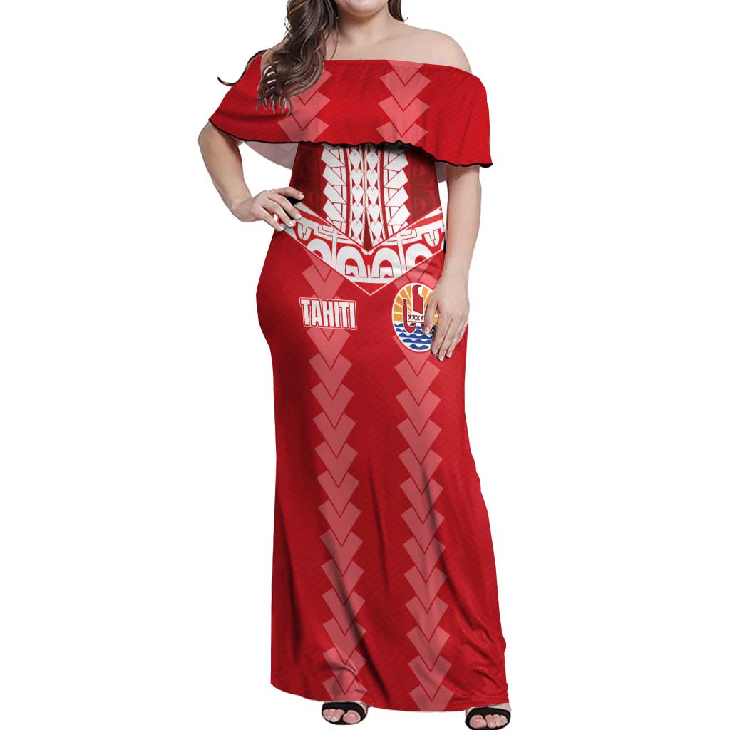 Custom Tahiti Football Polynesian Pattern Off Shoulder Maxi Dress LT03 Women Red - Polynesian Pride
