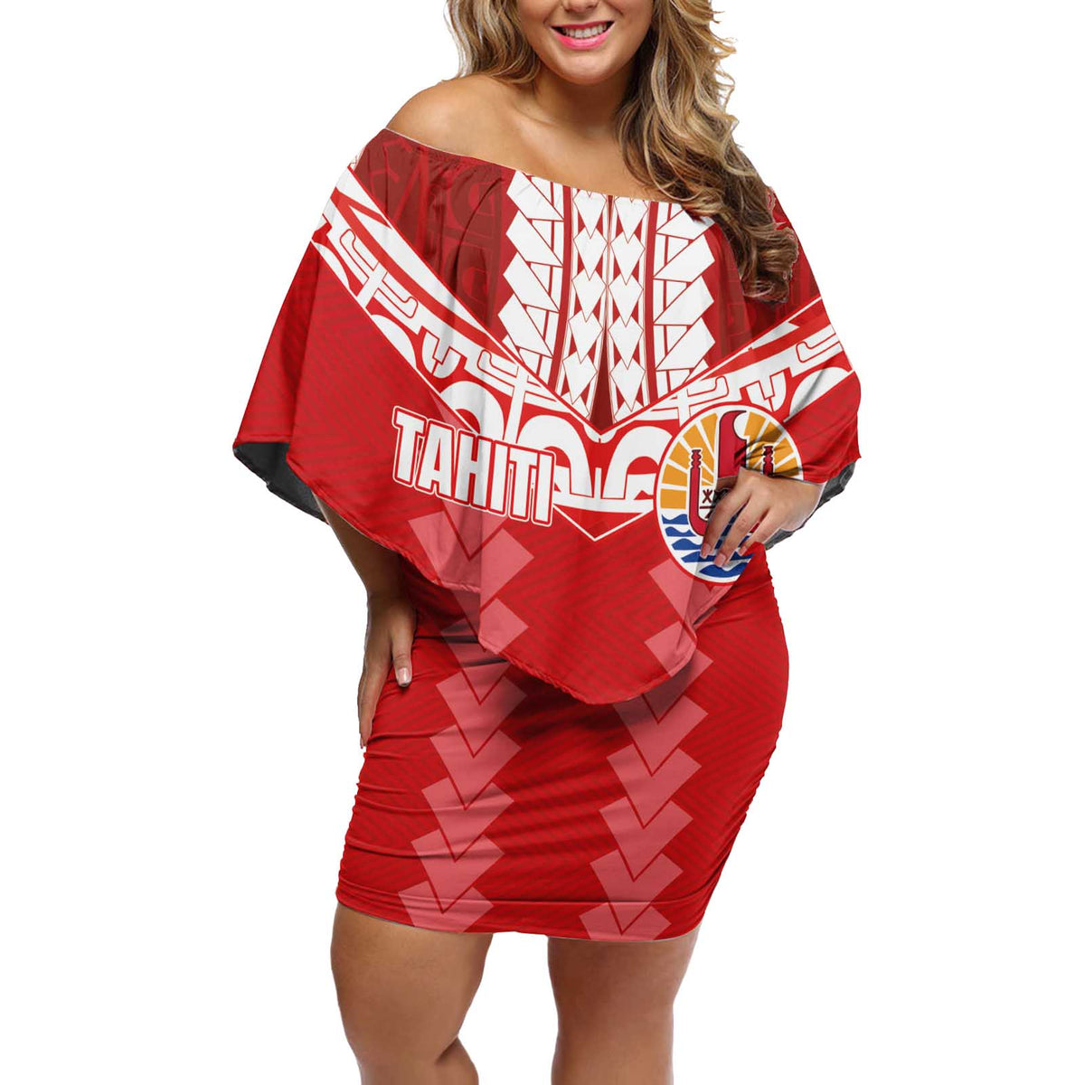 Custom Tahiti Football Polynesian Pattern Off Shoulder Short Dress LT03 Women Red - Polynesian Pride