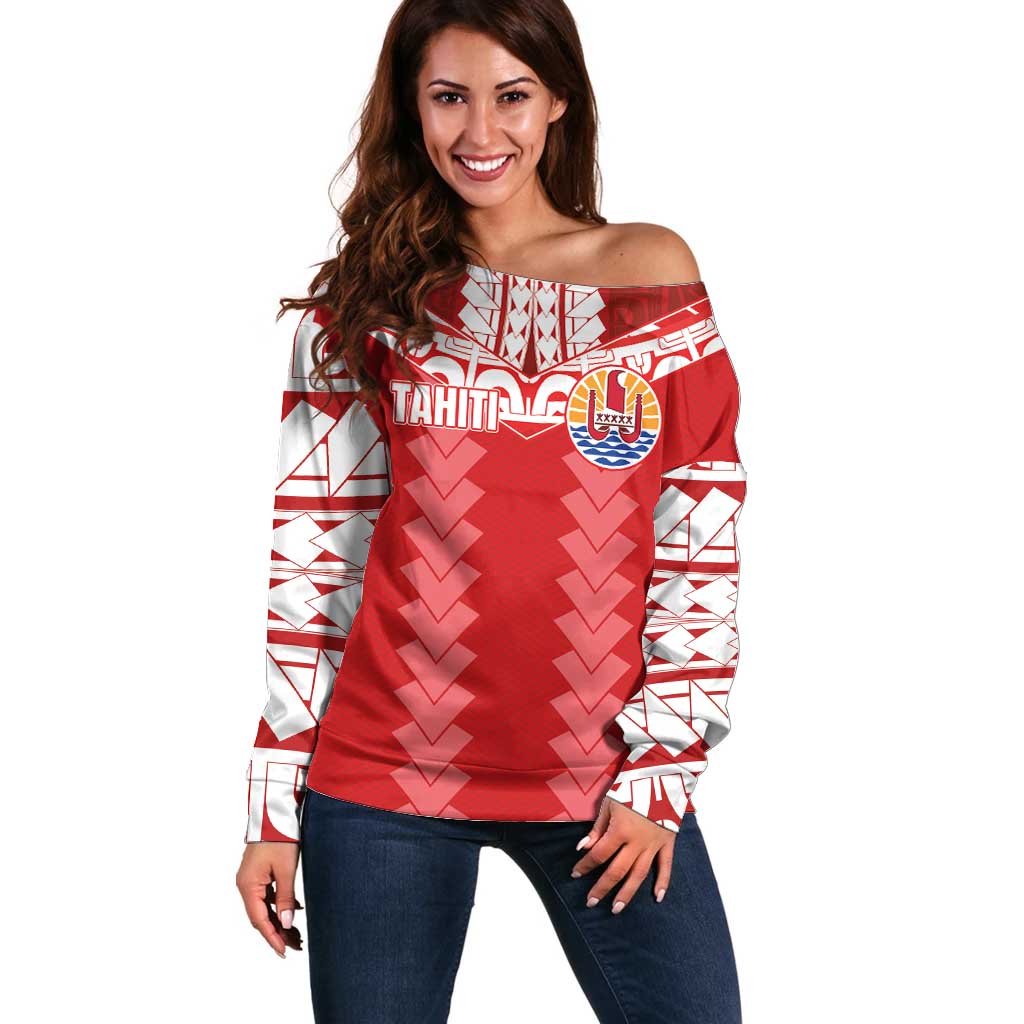 Custom Tahiti Football Polynesian Pattern Off Shoulder Sweater LT03 Women Red - Polynesian Pride