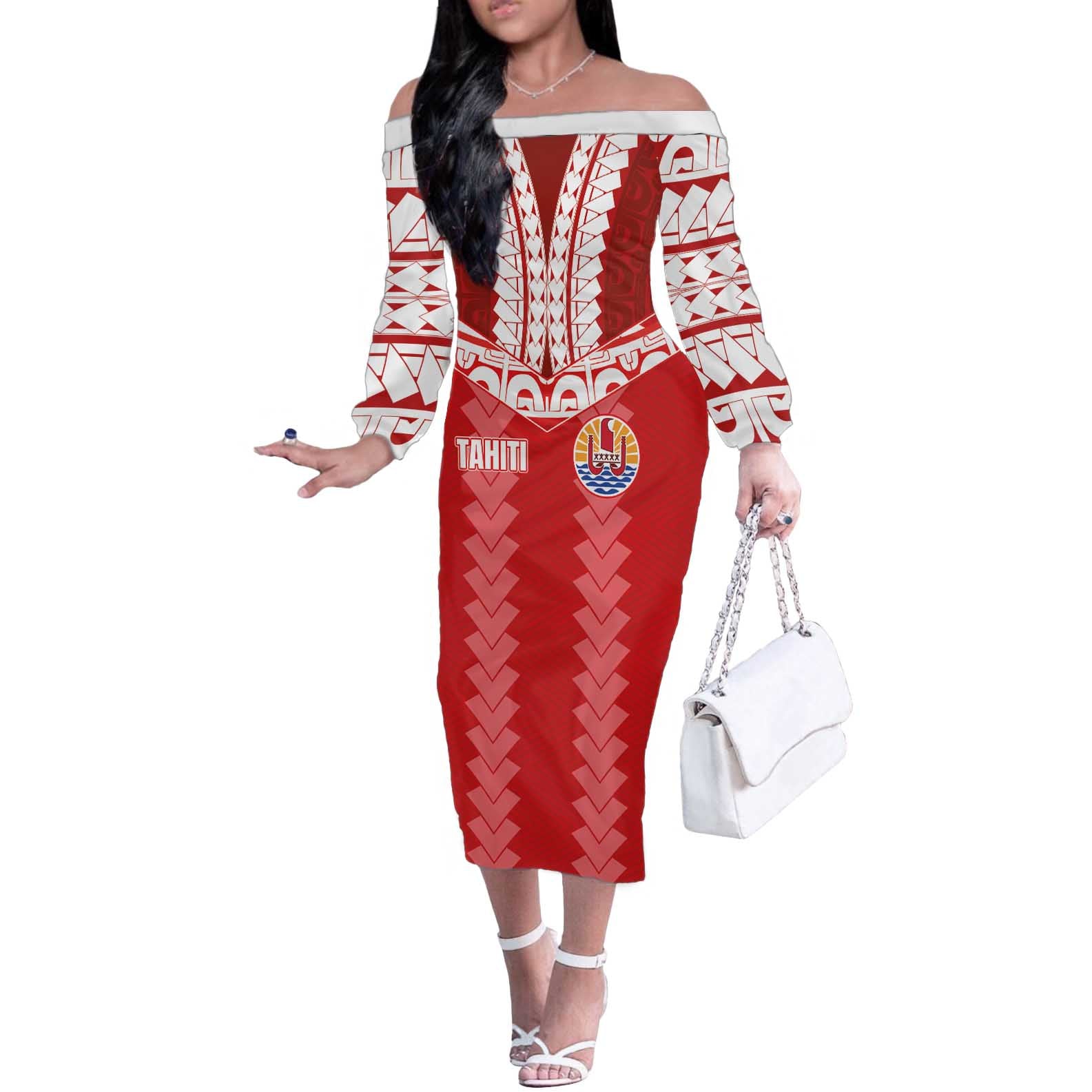 Custom Tahiti Football Polynesian Pattern Off The Shoulder Long Sleeve Dress