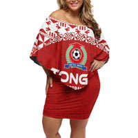 Custom Tonga Football Ngatu Tribal Tattoo Off Shoulder Short Dress LT03 Women Red - Polynesian Pride