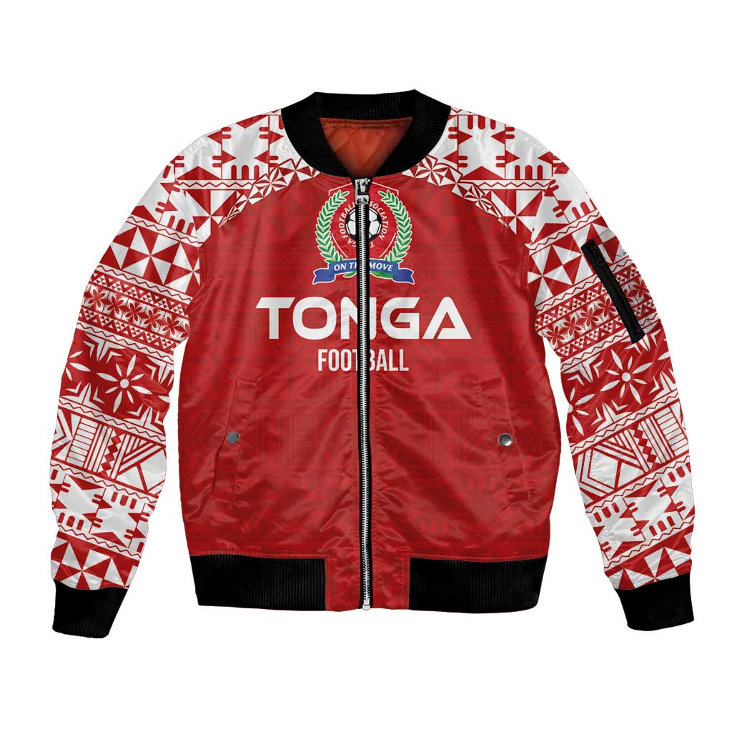 Custom Tonga Football Ngatu Tribal Tattoo Sleeve Zip Bomber Jacket LT03 Unisex Red - Polynesian Pride