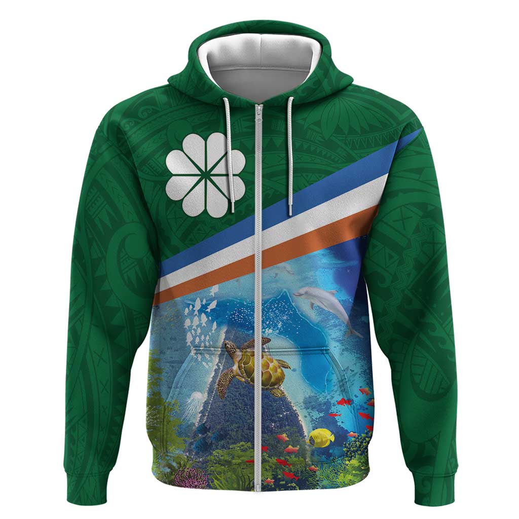 Marshall Islands Kwajalein Atoll Hoodie Polynesian Pattern and Undersea Animals LT03 Zip Hoodie Blue - Polynesian Pride