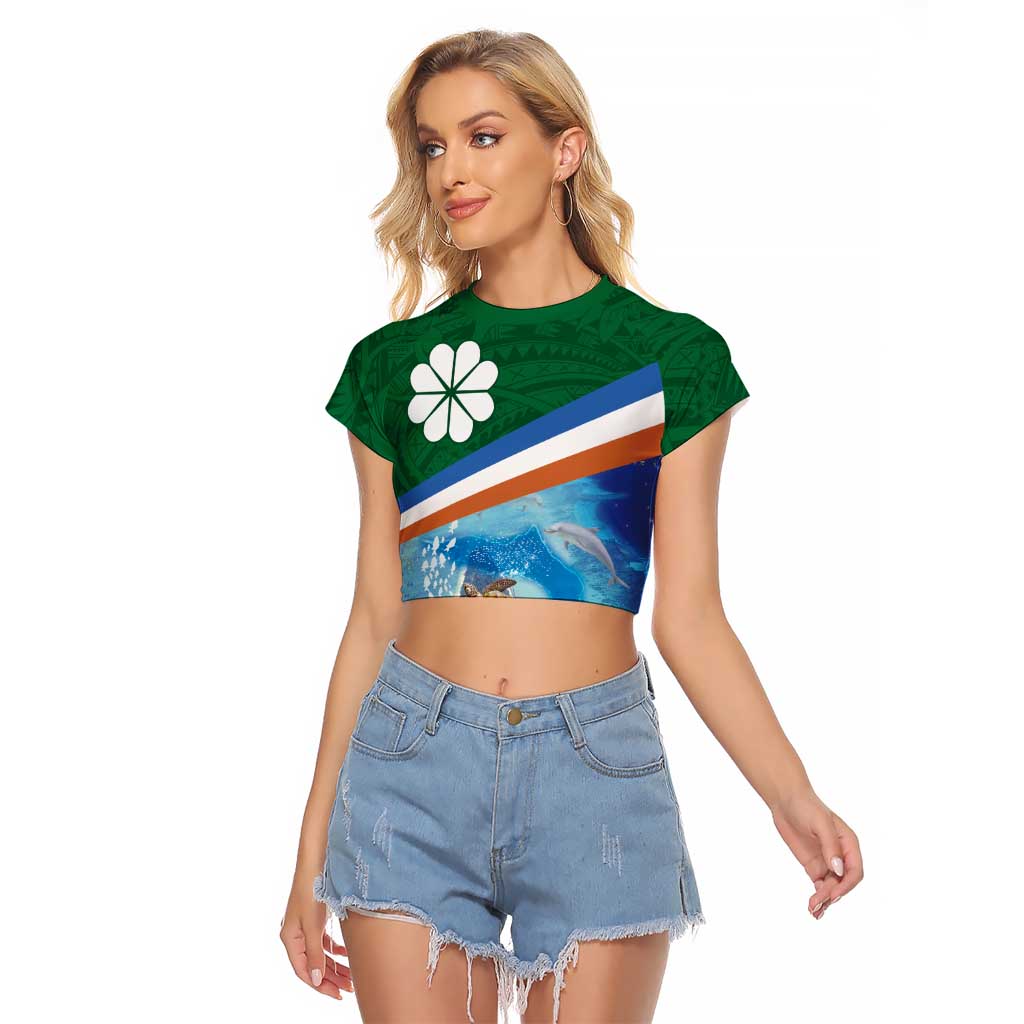 Marshall Islands Kwajalein Atoll Raglan Cropped T Shirt Polynesian Pattern and Undersea Animals LT03 Female Blue - Polynesian Pride