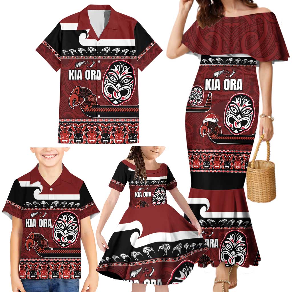 New Zealand Culture Family Matching Mermaid Dress and Hawaiian Shirt Kia Ora Aotearoa Moko Tattoo Mask with Waka and Maori Art Pattern