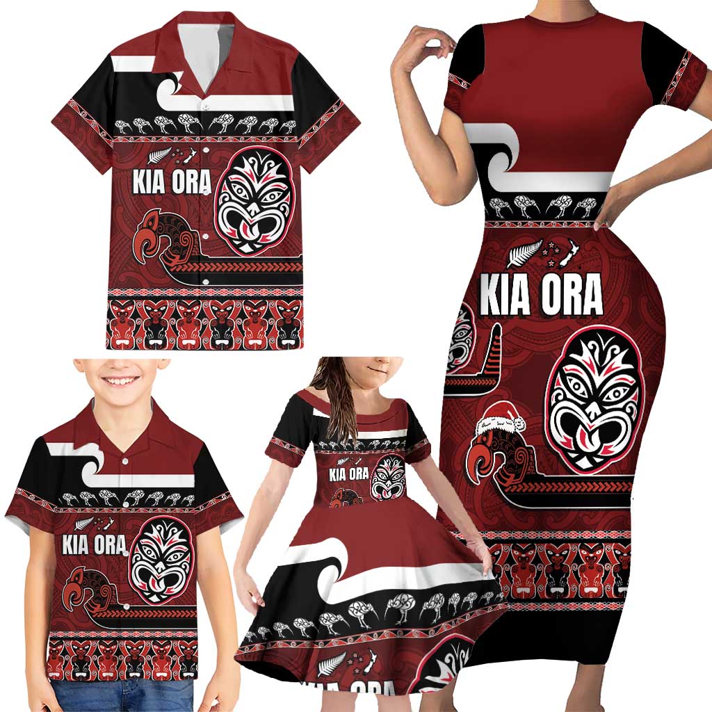 New Zealand Culture Family Matching Short Sleeve Bodycon Dress and Hawaiian Shirt Kia Ora Aotearoa Moko Tattoo Mask with Waka and Maori Art Pattern