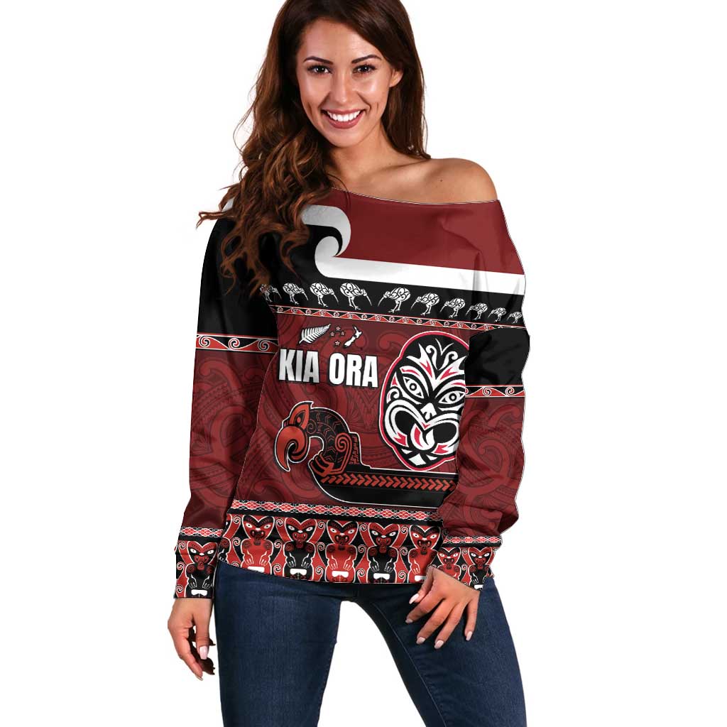 New Zealand Culture Off Shoulder Sweater Kia Ora Aotearoa Moko Tattoo Mask with Waka and Maori Art Pattern LT03 Women Red - Polynesian Pride