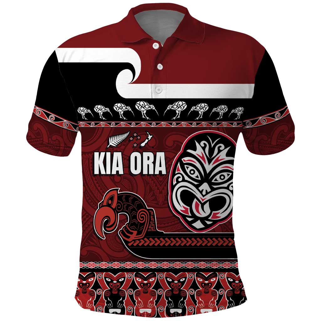 New Zealand Culture Polo Shirt Kia Ora Aotearoa Moko Tattoo Mask with Waka and Maori Art Pattern