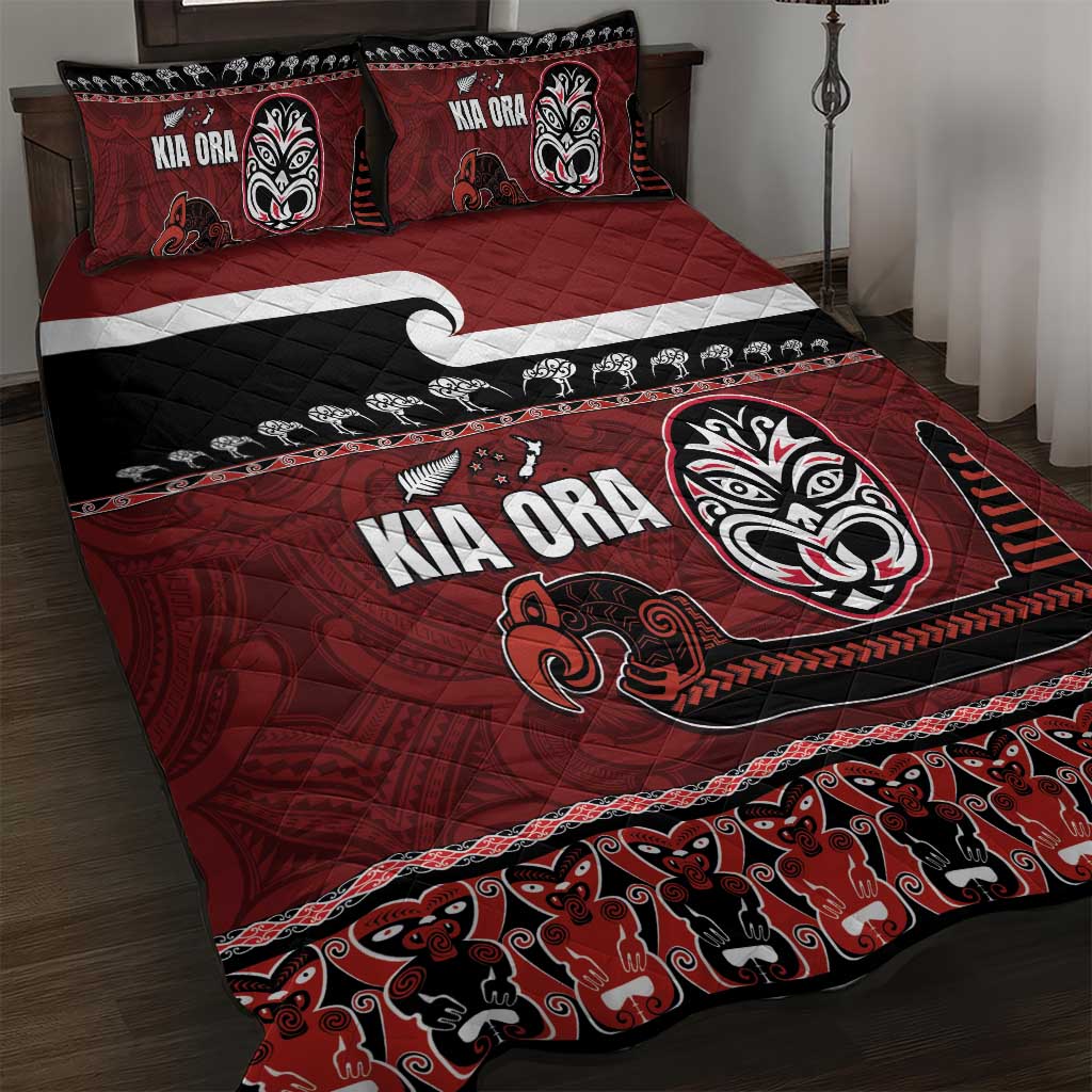 New Zealand Culture Quilt Bed Set Kia Ora Aotearoa Moko Tattoo Mask with Waka and Maori Art Pattern