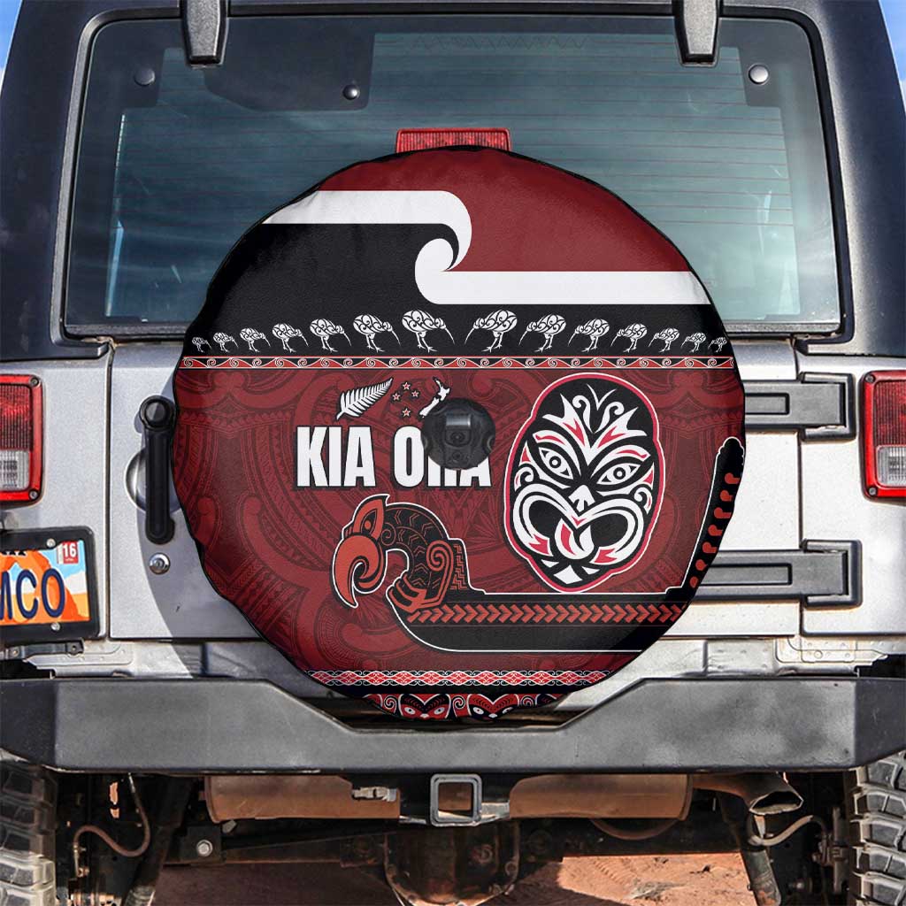 New Zealand Culture Spare Tire Cover Kia Ora Aotearoa Moko Tattoo Mask with Waka and Maori Art Pattern