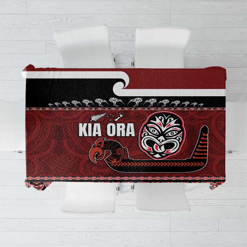 New Zealand Culture Tablecloth Kia Ora Aotearoa Moko Tattoo Mask with Waka and Maori Art Pattern