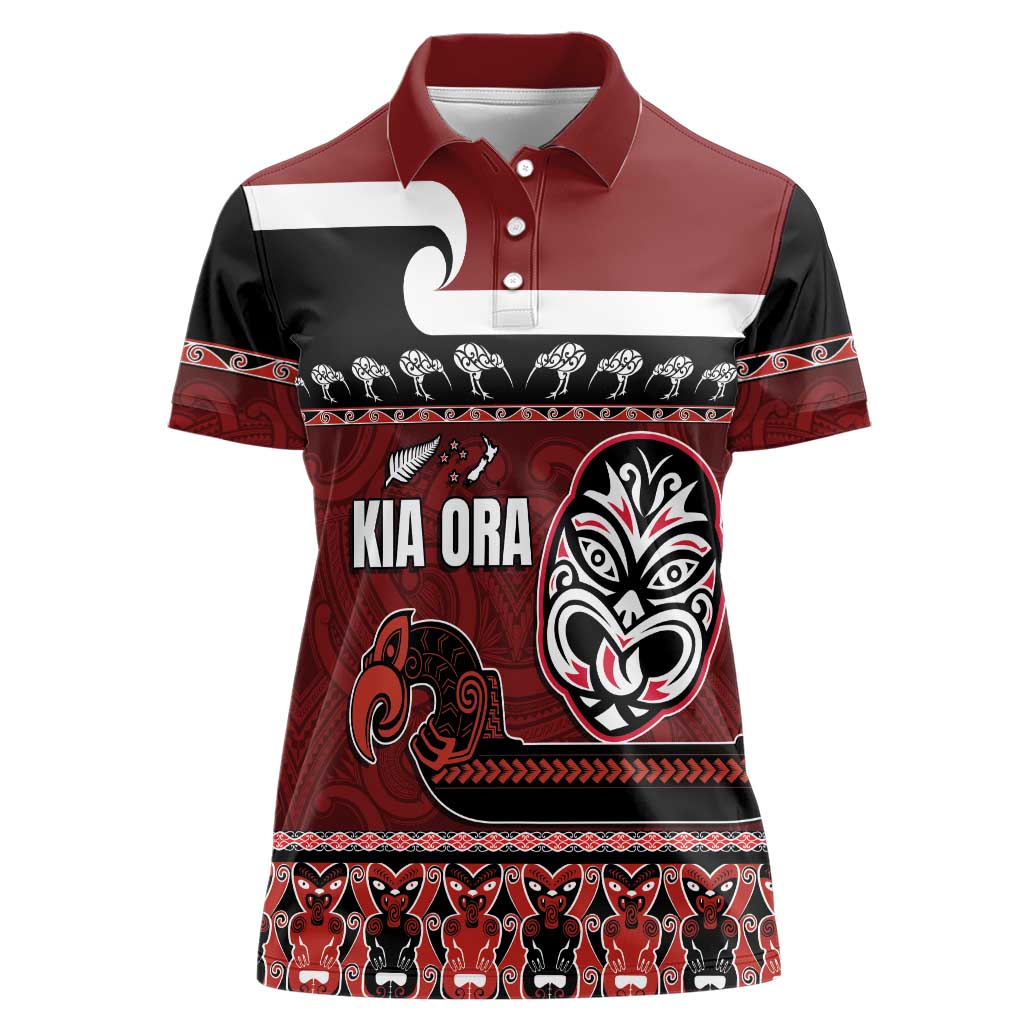 New Zealand Culture Women Polo Shirt Kia Ora Aotearoa Moko Tattoo Mask with Waka and Maori Art Pattern