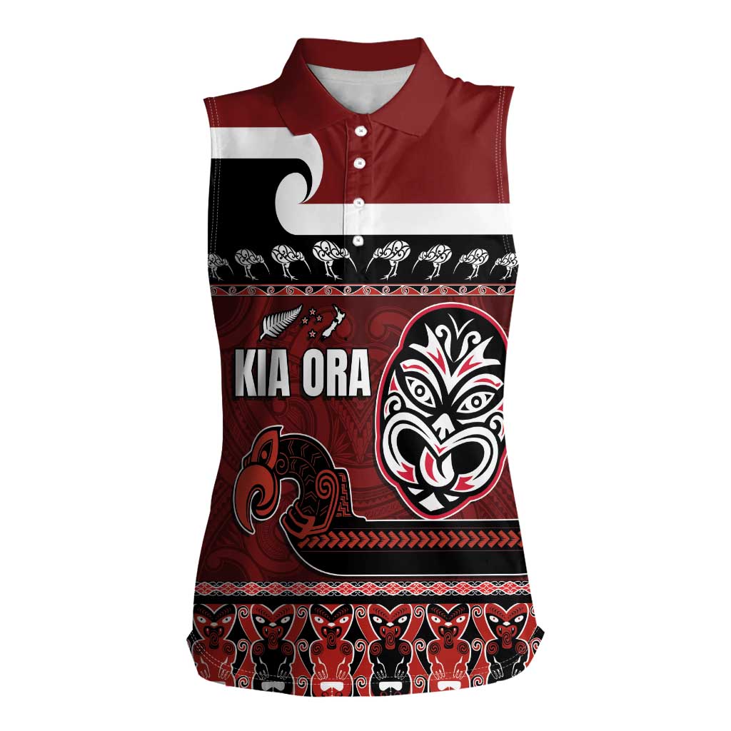 New Zealand Culture Women Sleeveless Polo Shirt Kia Ora Aotearoa Moko Tattoo Mask with Waka and Maori Art Pattern