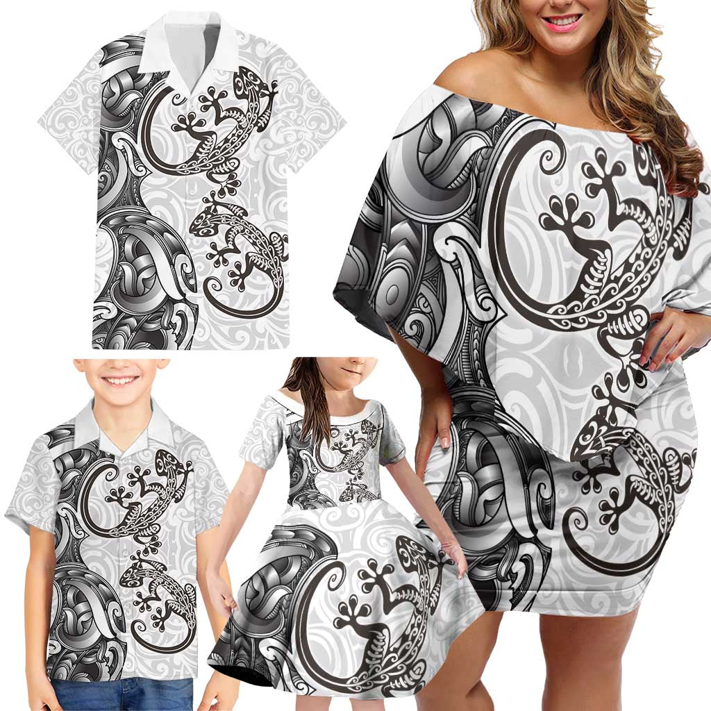 New Zealand Gecko Maori Art Tattoo Family Matching Off Shoulder Short Dress and Hawaiian Shirt White Color