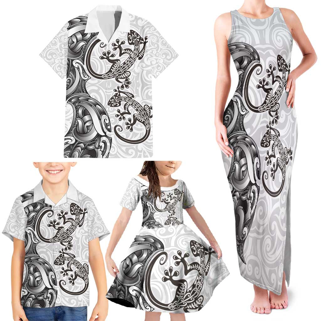 New Zealand Gecko Maori Art Tattoo Family Matching Tank Maxi Dress and Hawaiian Shirt White Color