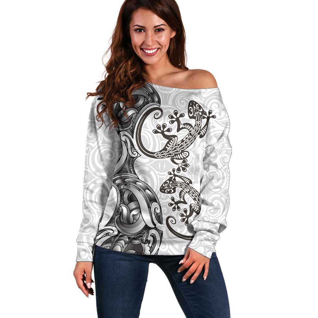 New Zealand Gecko Maori Art Tattoo Off Shoulder Sweater White Color LT03 Women White - Polynesian Pride