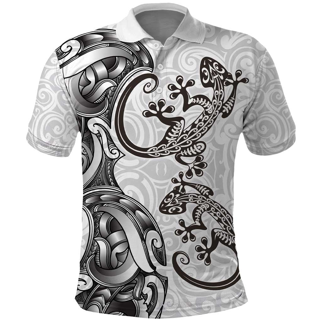 New Zealand Gecko Maori Art Tattoo Polo Shirt White Color