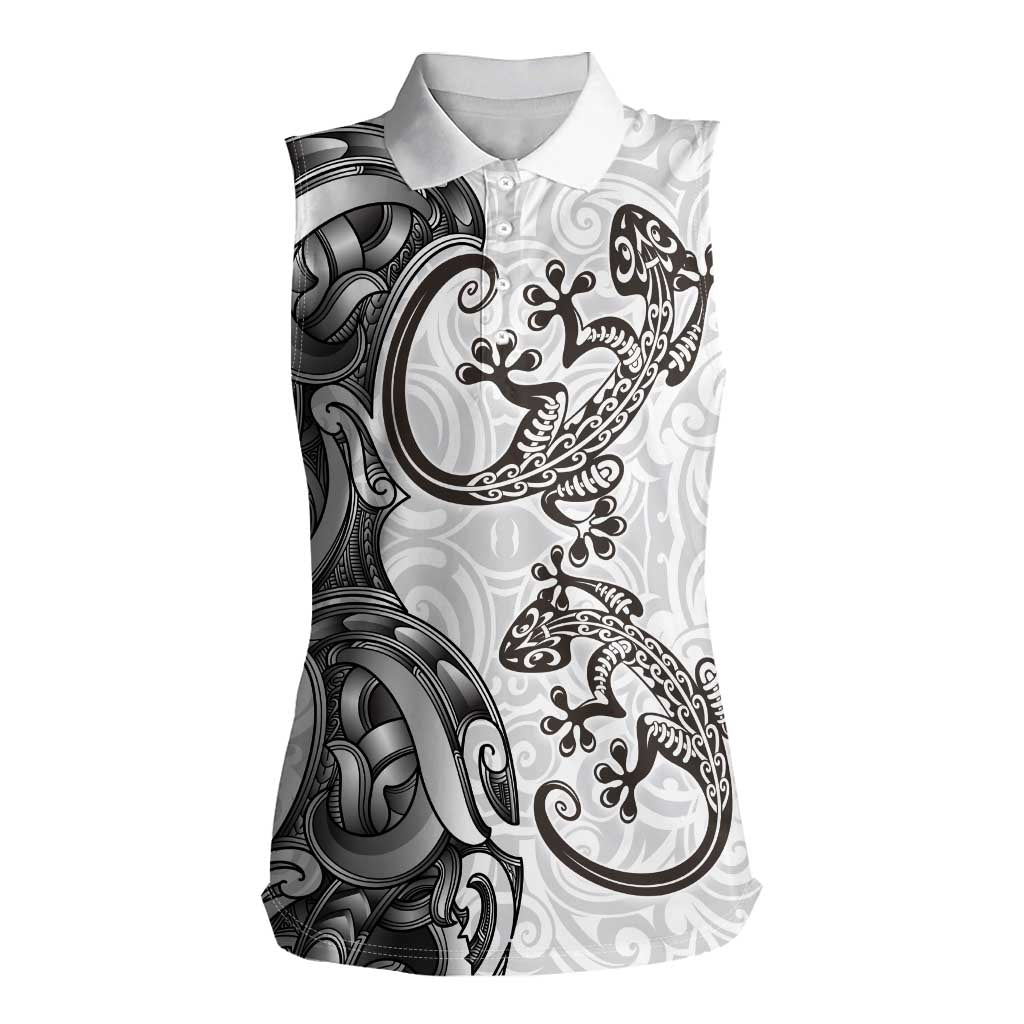 New Zealand Gecko Maori Art Tattoo Women Sleeveless Polo Shirt White Color