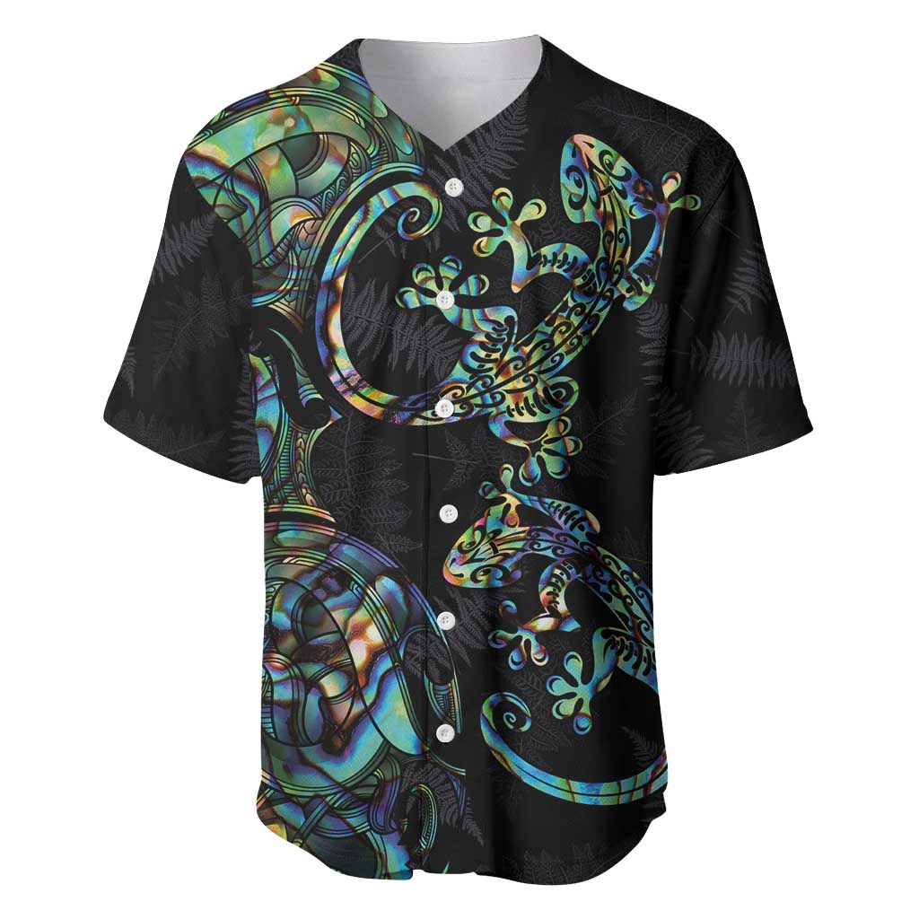 New Zealand Gecko Maori Art Tattoo Baseball Jersey Silver Fern and Paua Shell Mode LT03 Black - Polynesian Pride