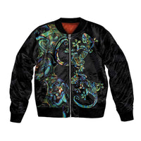 New Zealand Gecko Maori Art Tattoo Bomber Jacket Silver Fern and Paua Shell Mode LT03 Unisex Black - Polynesian Pride
