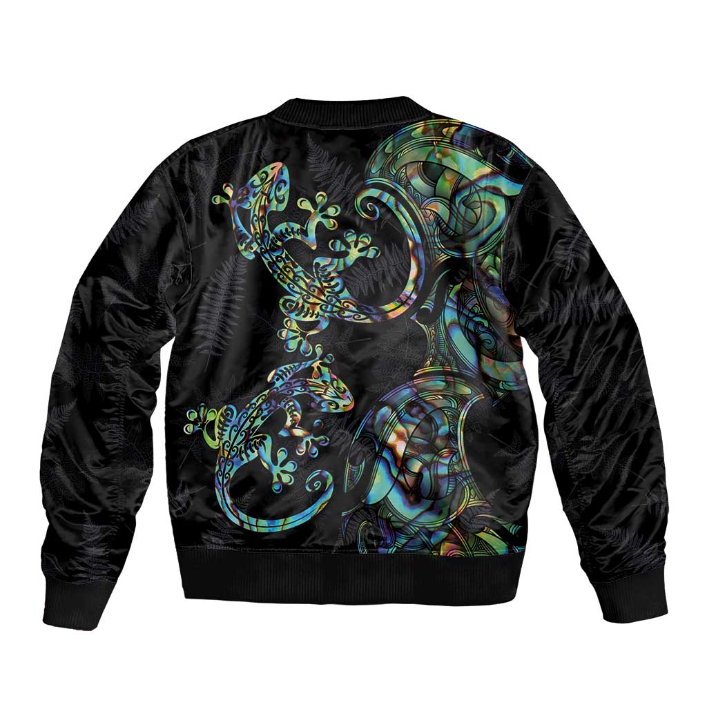 New Zealand Gecko Maori Art Tattoo Bomber Jacket Silver Fern and Paua Shell Mode LT03 - Polynesian Pride