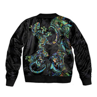 New Zealand Gecko Maori Art Tattoo Bomber Jacket Silver Fern and Paua Shell Mode LT03 - Polynesian Pride