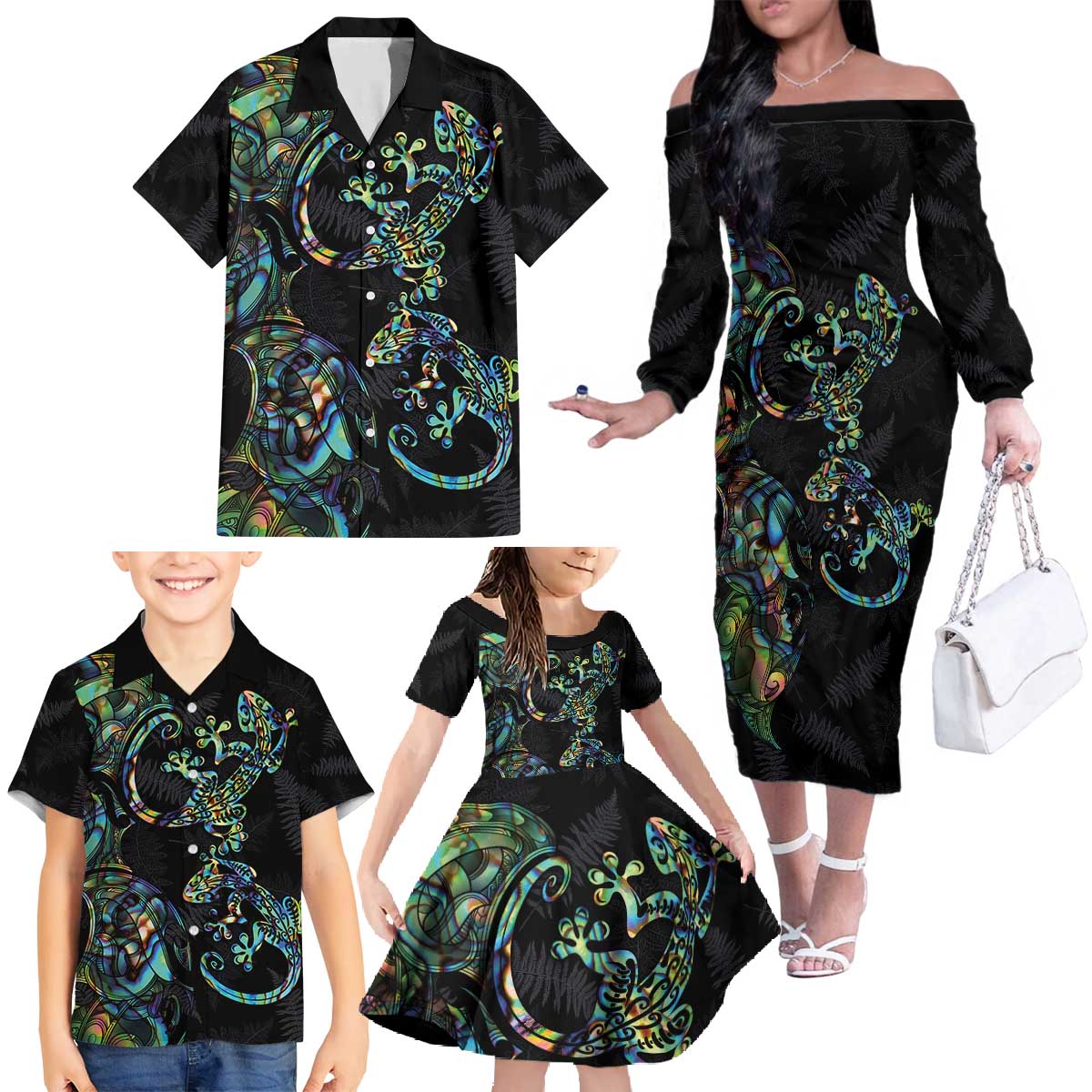 New Zealand Gecko Maori Art Tattoo Family Matching Off The Shoulder Long Sleeve Dress and Hawaiian Shirt Silver Fern and Paua Shell Mode